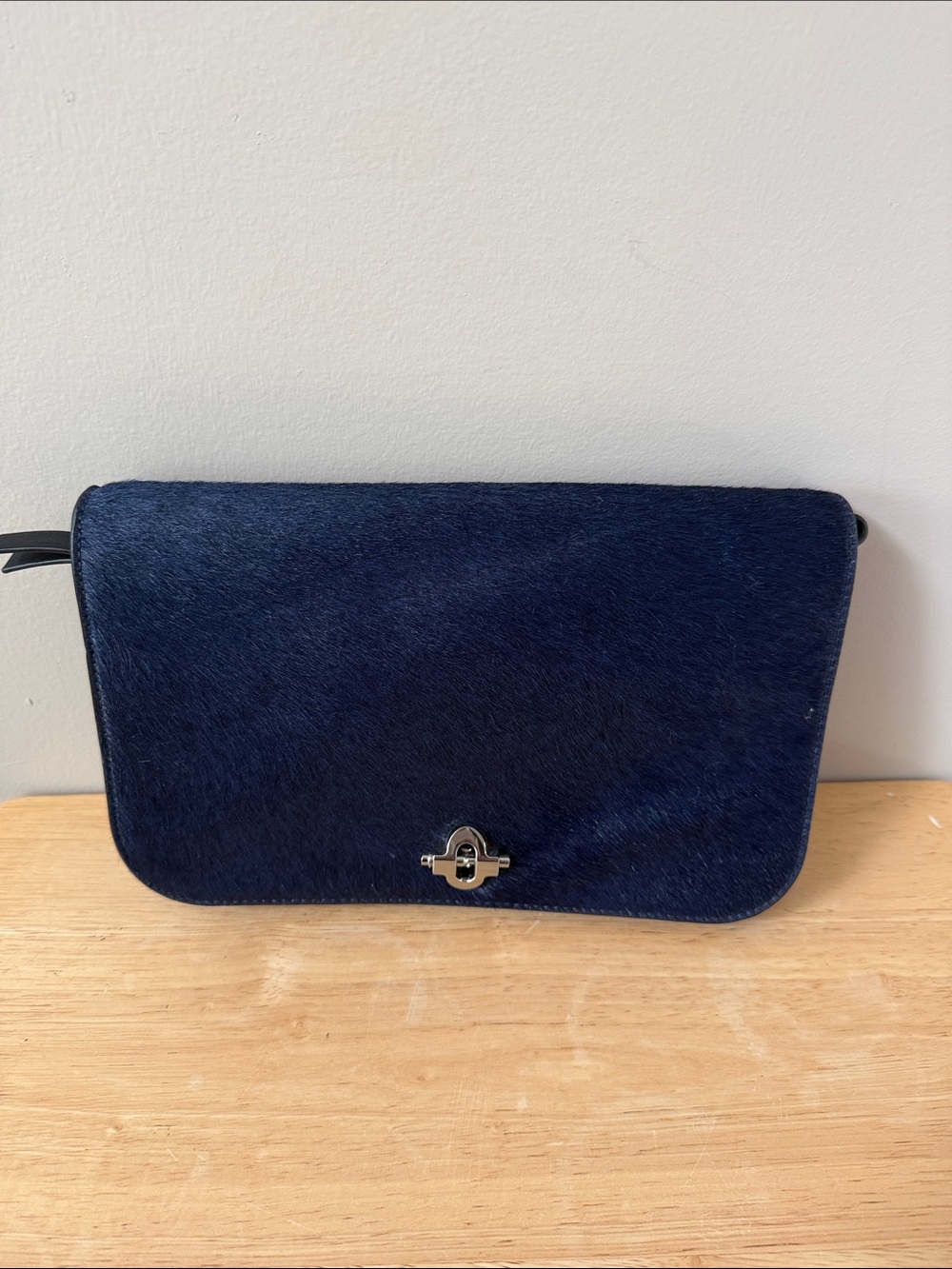 Banana Republic Navy Haircalf Crossbody Bag with Silver-Tone Turn Lock